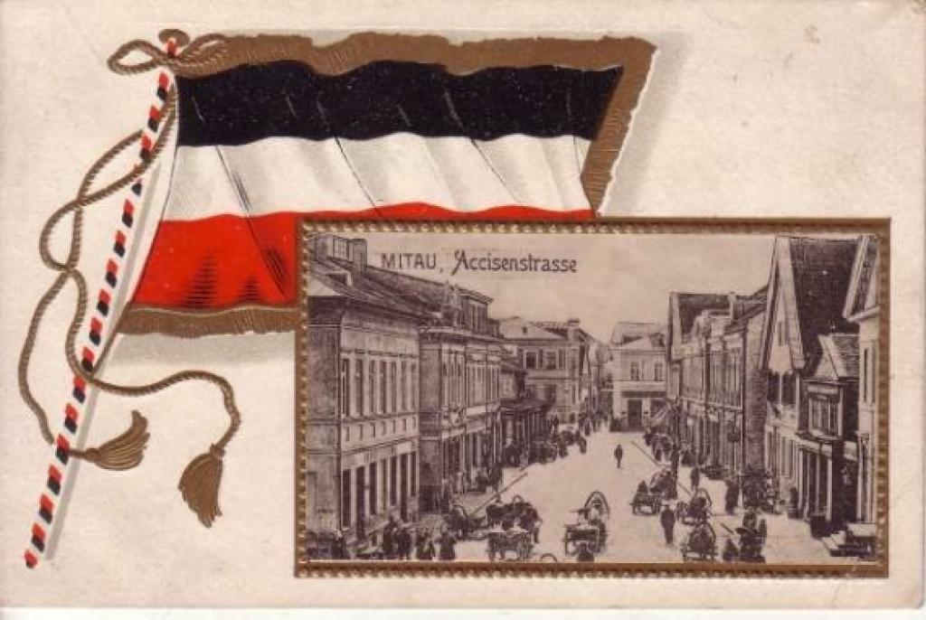 Mītavas kartiņa, kas liecina par pakļautību Vācijai (ko apliecina vecais Vācijas karogs). No Normunda Reča kolekcijas.
Autors: portāla zz.lv redaktors